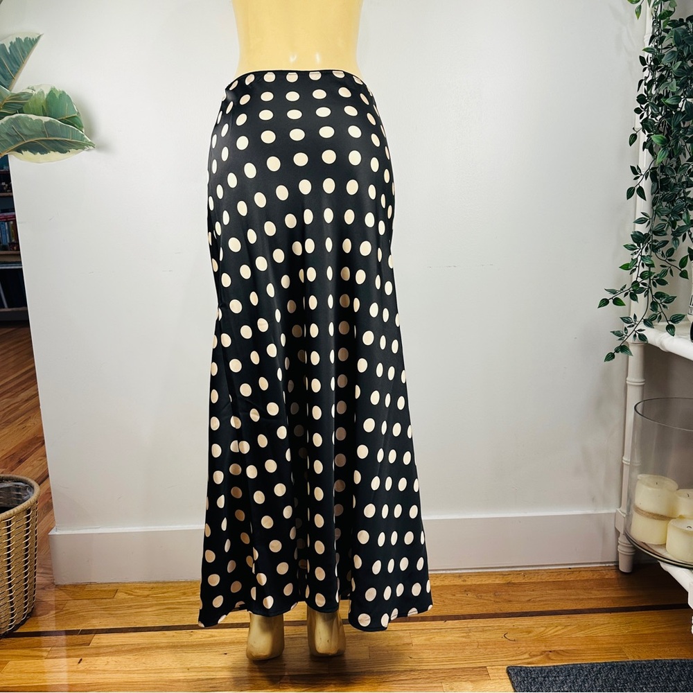 A New Day Satin Polka Dot Maxi Skirt Sz L Pull On Black Cream - Picture 3 of 4